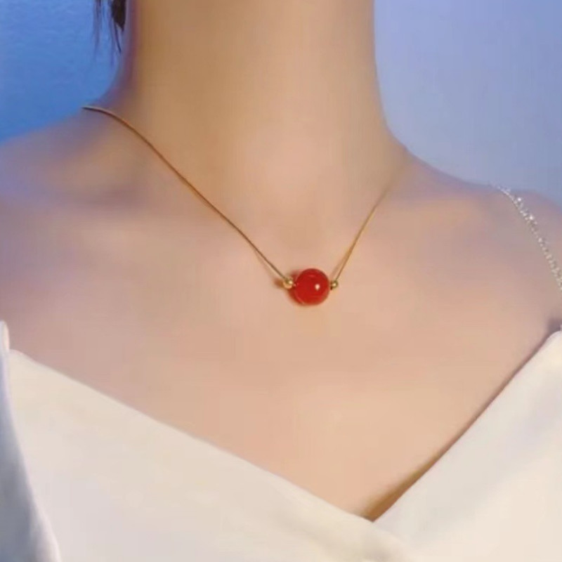 Dây Chuyền Sợi Mì Mặt Trái Châu Đá Đỏ Titan Ko Đen TT 4371