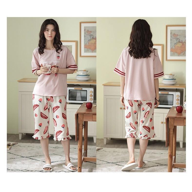 Bộ mặc nhà nữ thun cotton họa tiết strawberry viền bèo