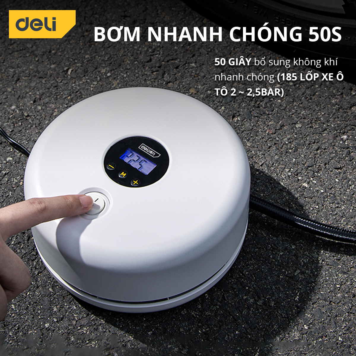 Máy Bơm Lốp Xe Ô Tô Deli Chính Hãng - Bơm Nhanh, Phát Hiện Áp Suất Lốp Thời Gian Thực, Màn Hình LCD - Nhỏ Gọn - DL880180