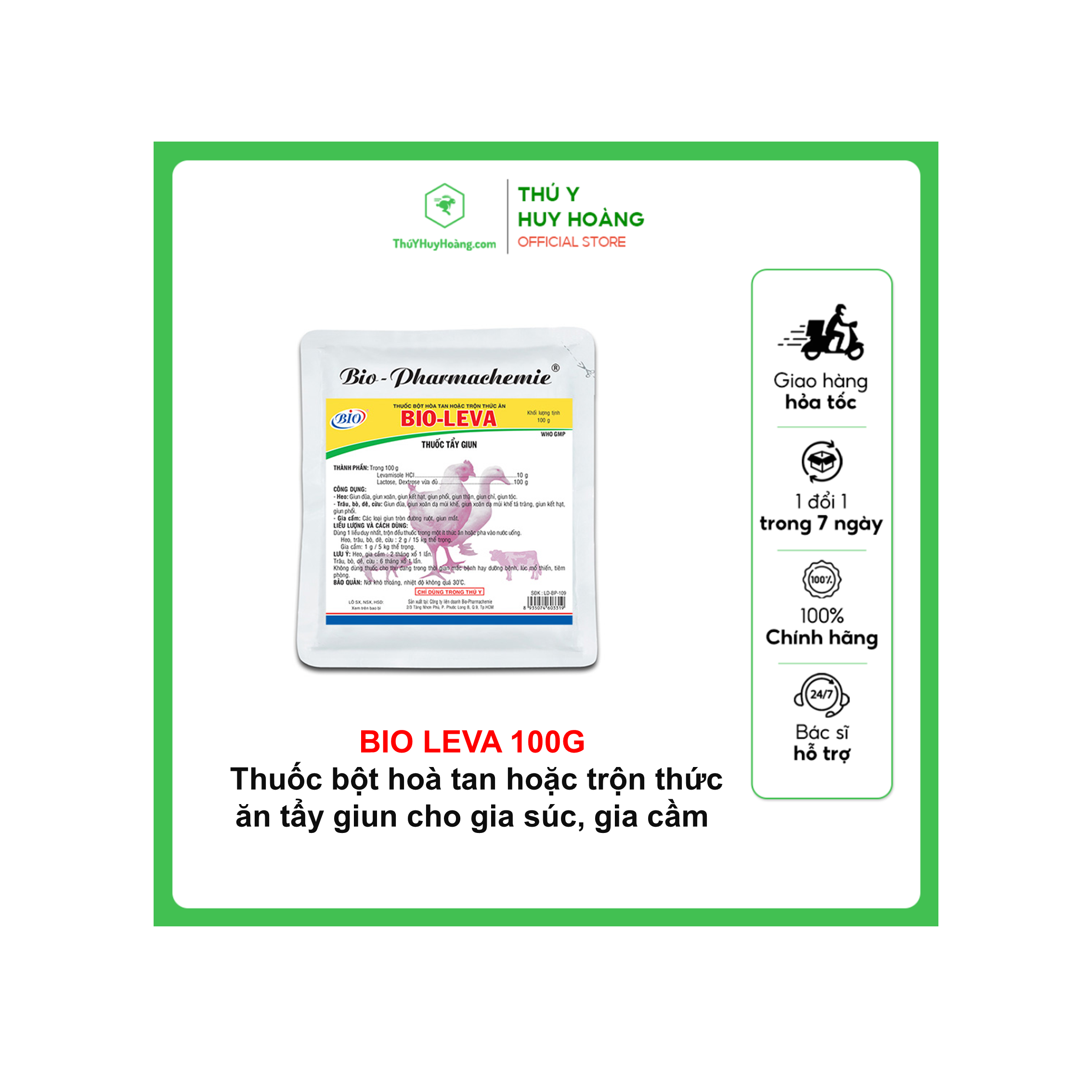 BIO LEVA 100G Thuốc bột hoà tan hoặc trộn thức ăn tẩy giun gia súc, gia cầm