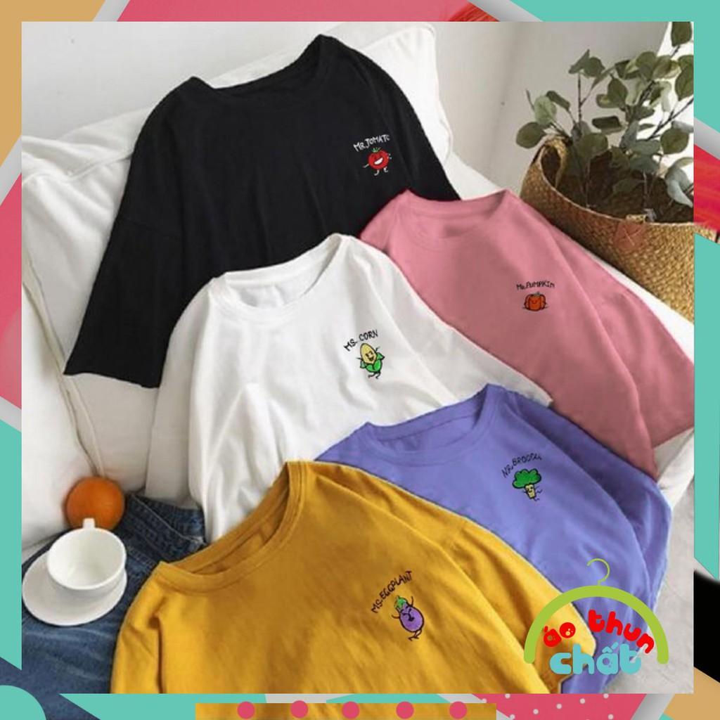 Áo thun nữ tay lỡ freesize - phông form rộng dáng Unisex, mặc lớp, nhóm, cặp, lớp thêu hình rau củ
