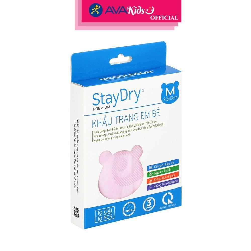 Hộp 10 cái khẩu trang y tế cho bé StayDry 3 lớp size M - Màu hồng