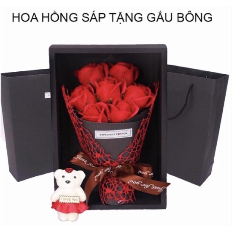 Hoa Hồng Sáp Thơm Bó 7 Bông Kèm Gấu Làm Quà Tặng Cực Lãng Mạng Có Hộp Sang Trọng Kèm Túi Đựng