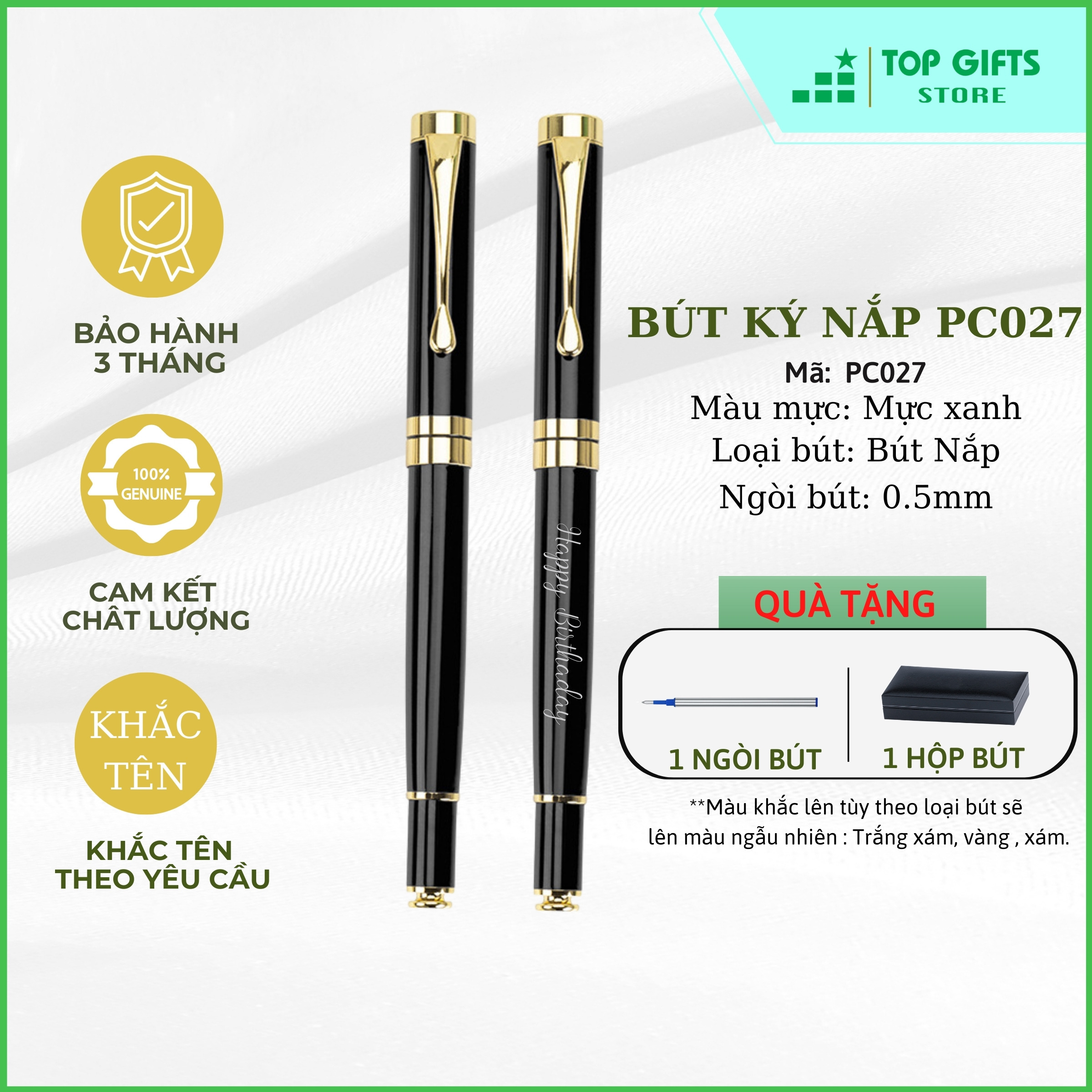 Bút kim loại khắc tên Nắp cao cấp Đen Viền Vàng P027ngòi 0.5mm | Quà tặng sinh nhật bạn gái + Ruột Bút