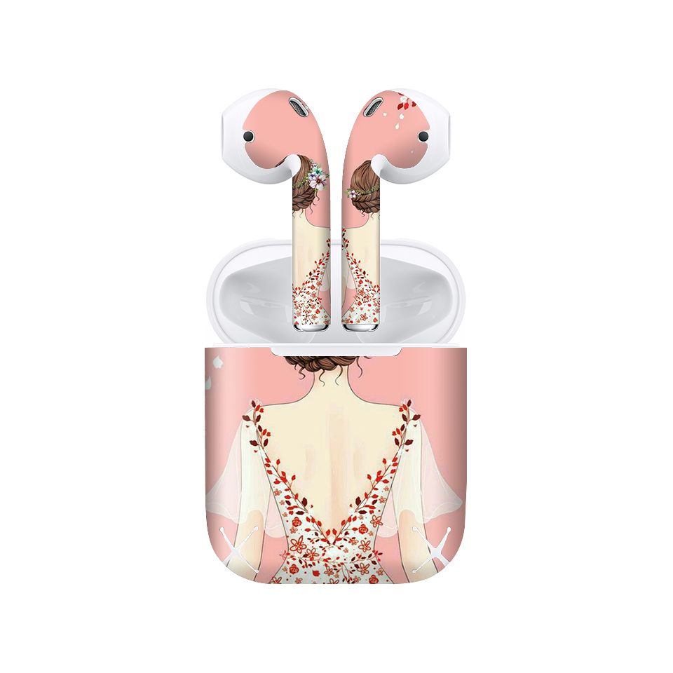 Miếng dán skin chống bẩn cho tai nghe AirPods in hình Cô gái váy hoa - Gin021 (bản không dây 1 và 2