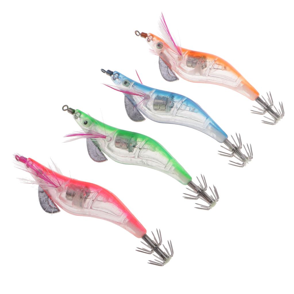 4pcs Glow In Dark Squid Jig Hooks Shrimp Fishing Lures With Luminous Hook