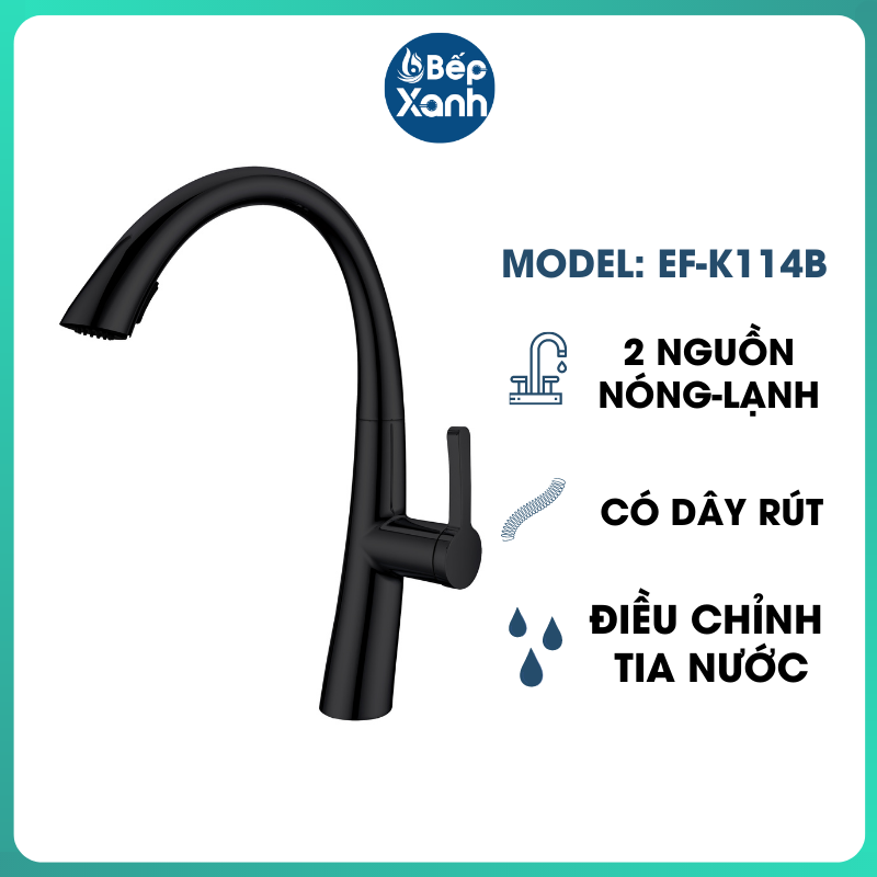 Vòi Rửa Chén Nóng Lạnh S-curve Ecalite EF-K114B - Có Dây Rút - Điều Chỉnh Tia Nước - Đồng Thau Sơn Đen - Hàng Chính Hãng