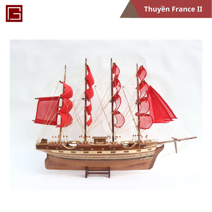 Mô Hình Thuyền Gỗ Chở Hàng FRANCE II - Thân 60cm - Loại 2 - Buồm Đỏ