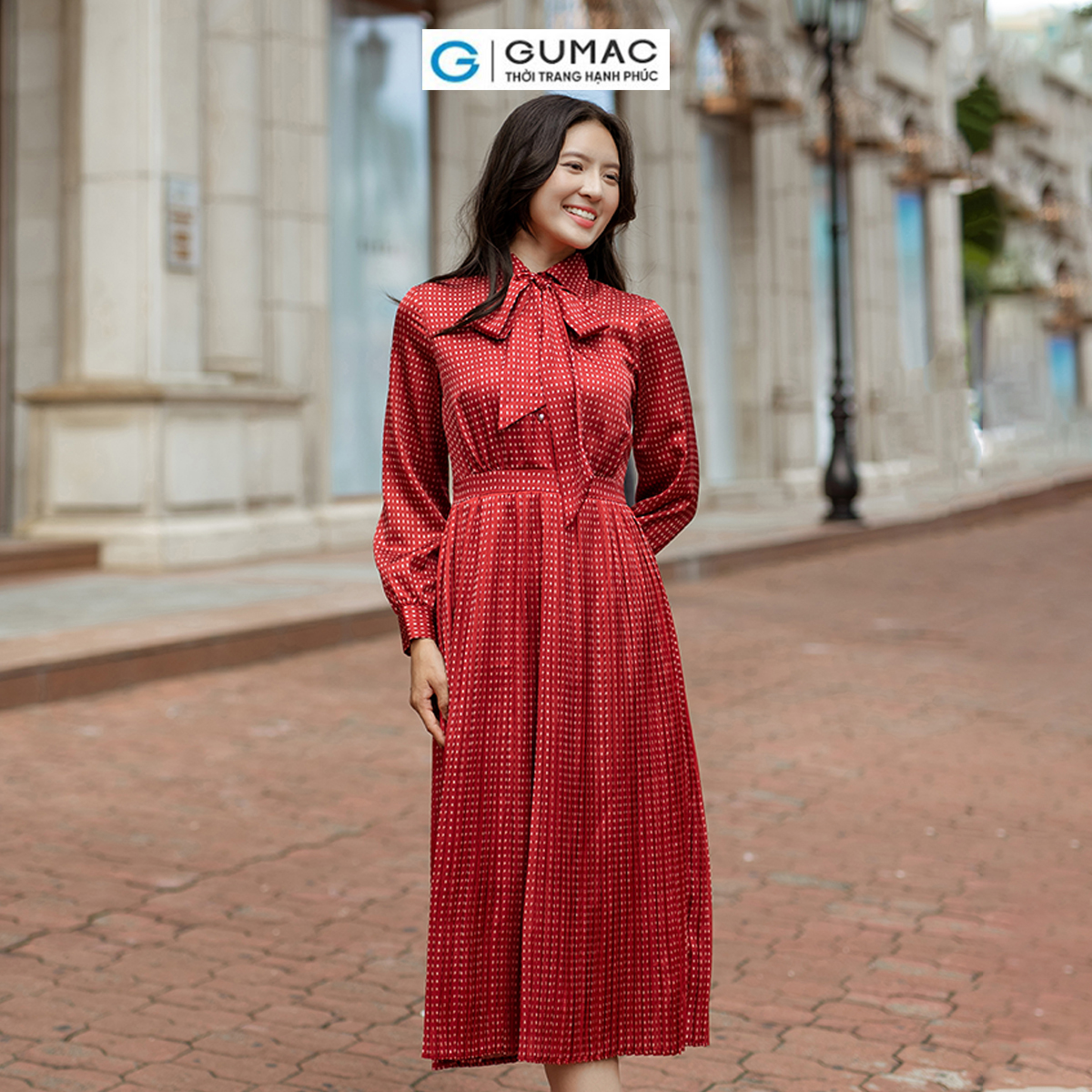Đầm dập ly buộc nơ phong cách thời thượng thời trang GUMAC DD06042