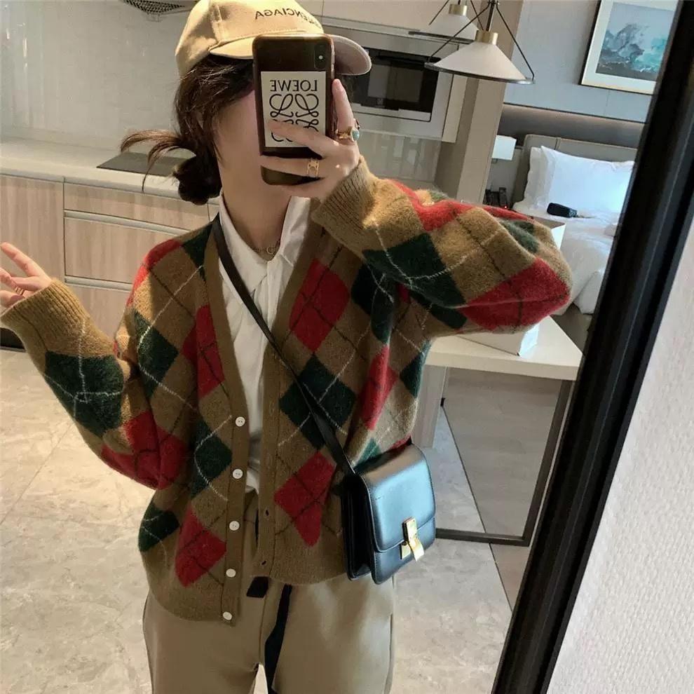 MS461 Áo khoác len cardigan hình trám phối màu