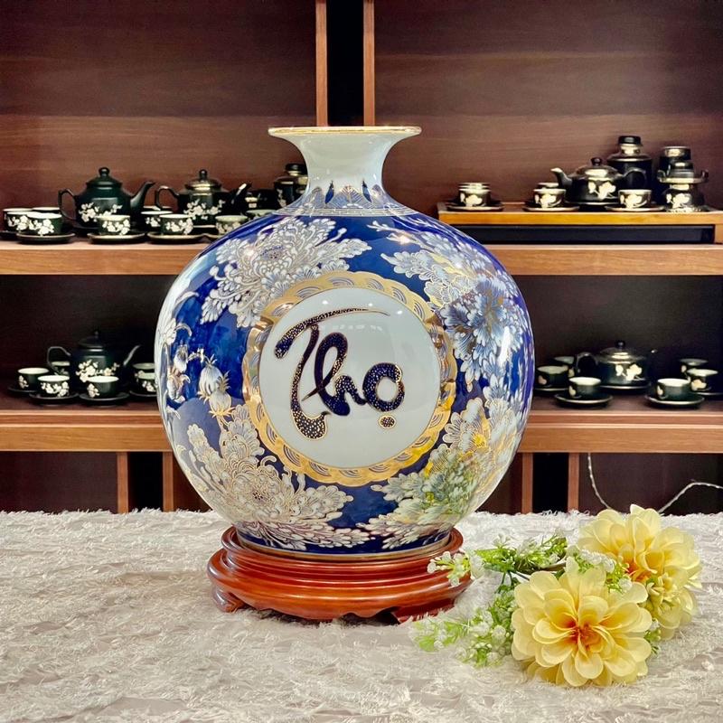 Bình hút tài Lộc vẽ thủ công vàng kim 24K. Gốm sứ Bát Tràng cao cấp.