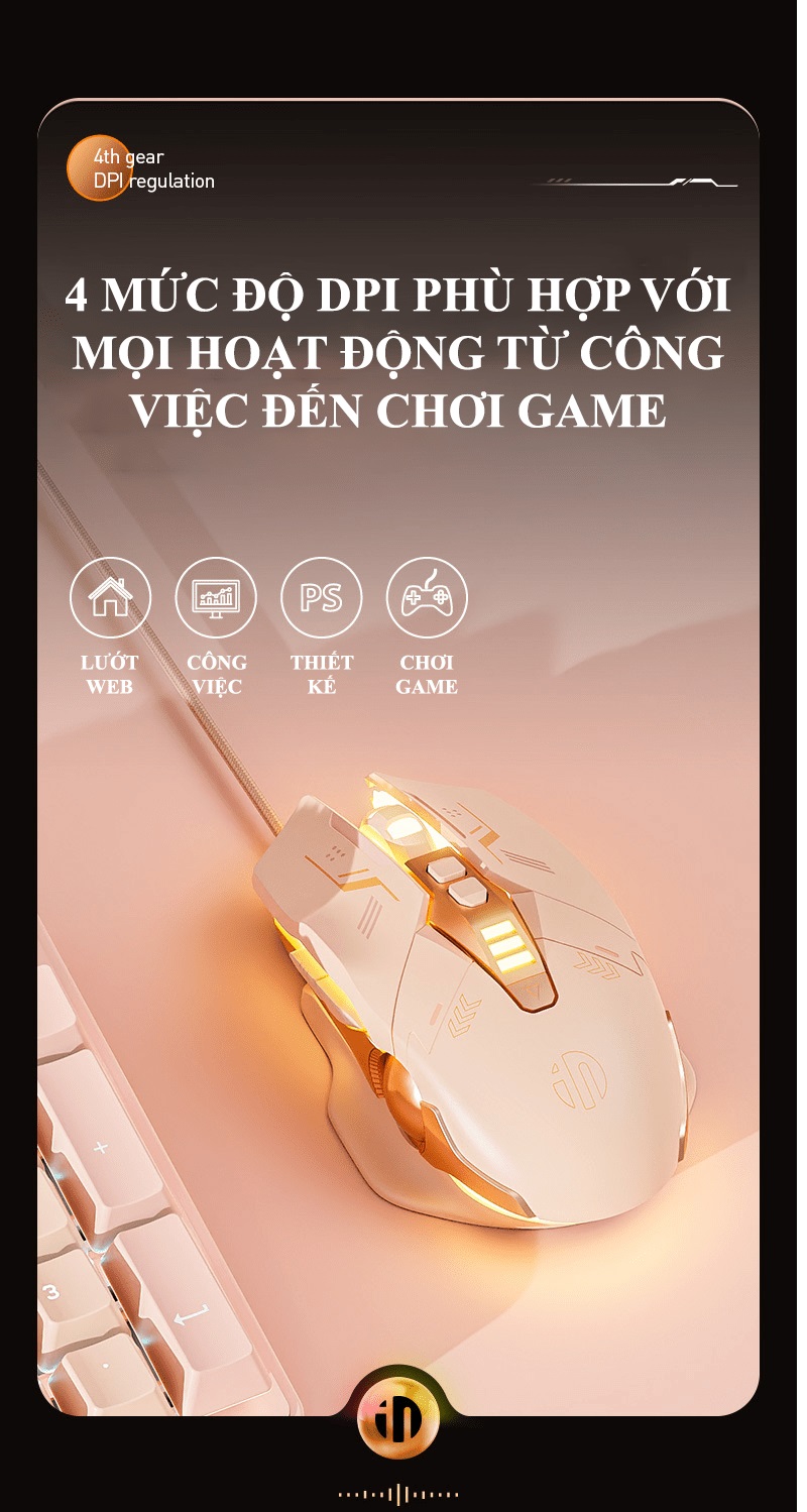 Chuột có dây INPHIC PW5N chuyên game thiết kế màu trà sữa mới lạ có đèn led RGB với tốc độ chuột lên đến 4000DPI - HN - HÀNG CHÍNH HÃNG