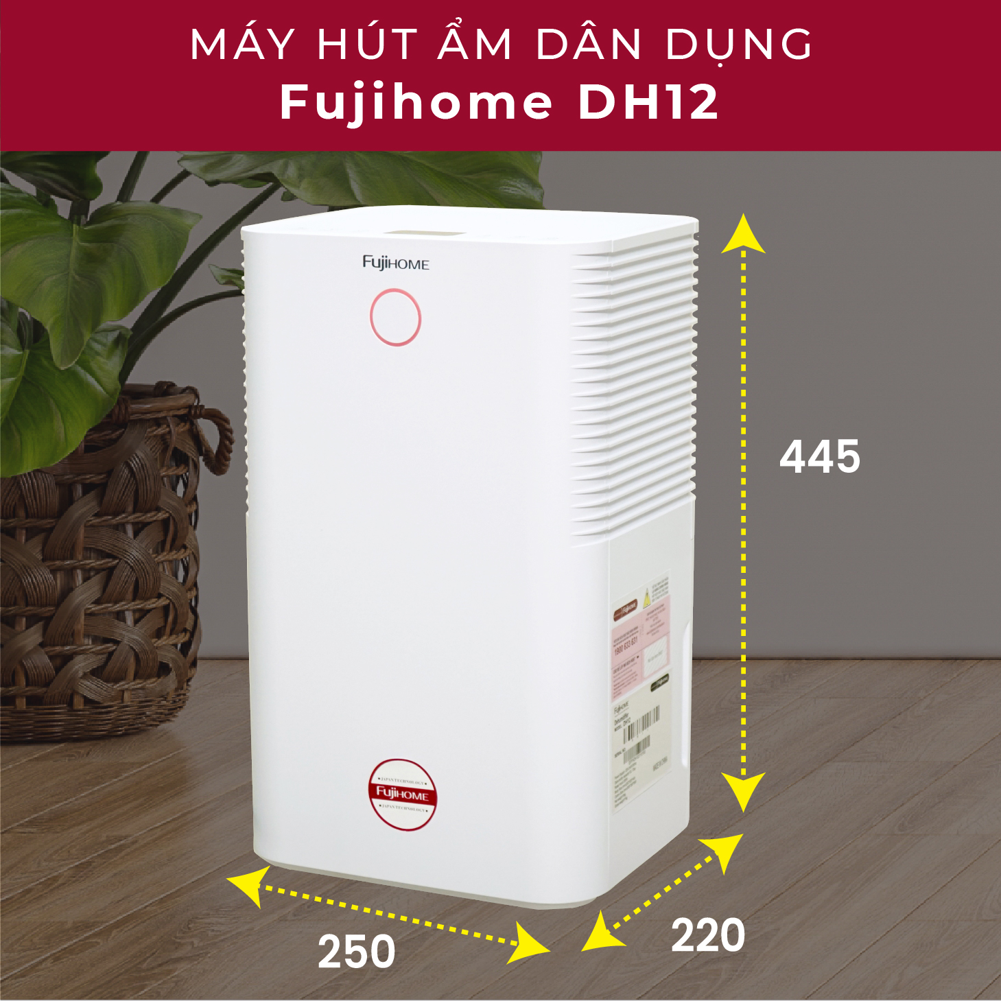 Máy hút ẩm lọc không khí 40M2 Fujihome DH12 12 Lít/ngày, màn LCD thông minh hiển thị % độ ẩm, Ionizer lọc sạch không khí- Hàng chính hãng