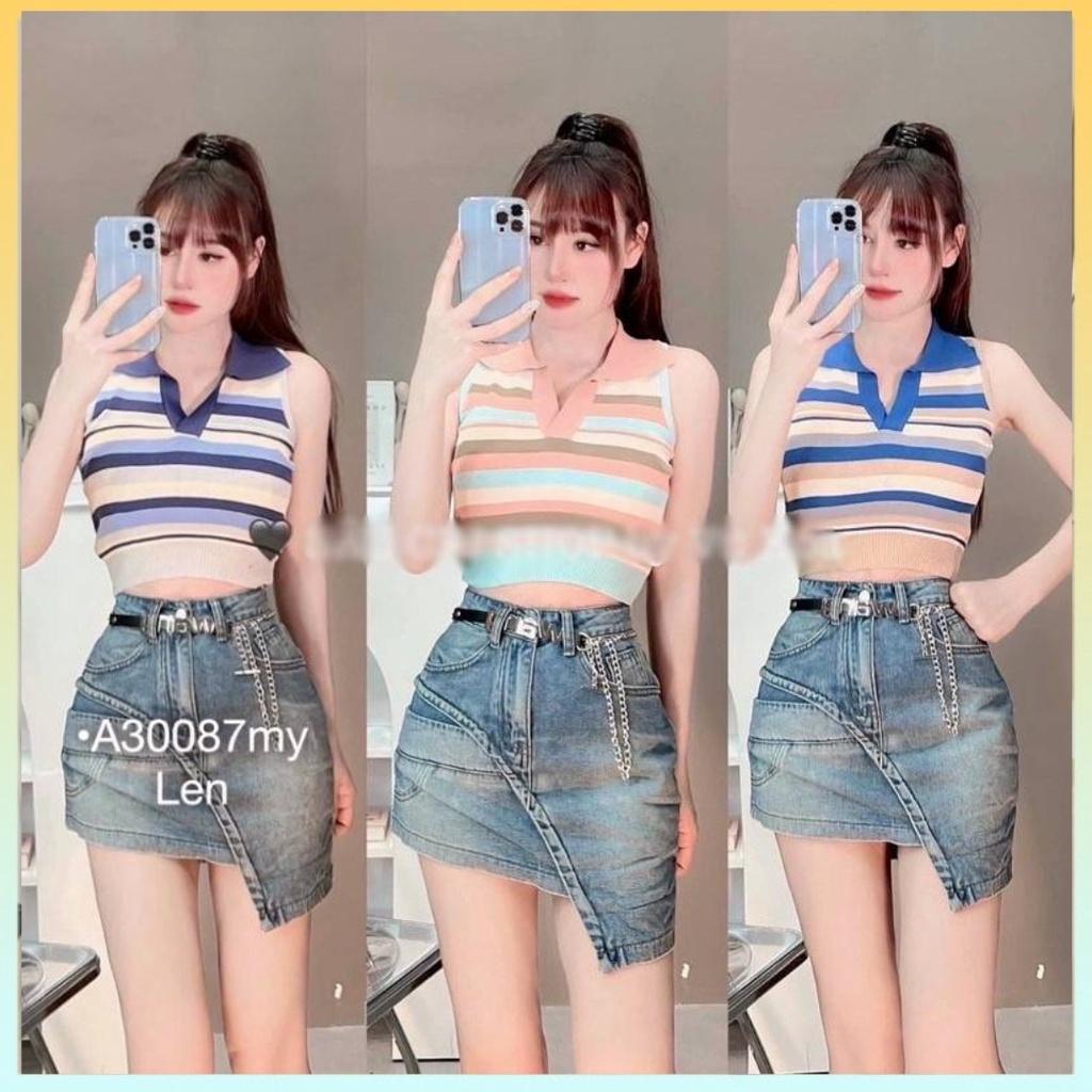 Áo len dệt kim Montoghi 3 LỖ CỔ ĐỨC Quảng Châu sọc ngang dáng ôm croptop cực xinh
