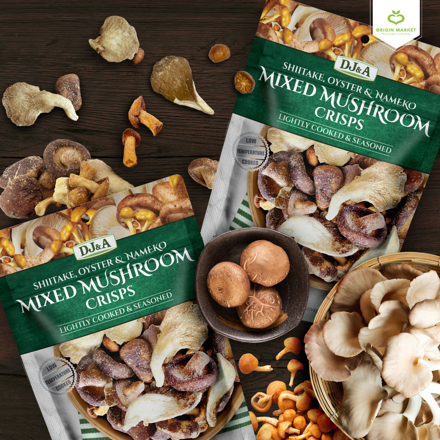 Hỗn hợp nấm sấy giòn DJ&amp;A 65g - DJ&amp;A Shiitake, Oyster &amp; Nameko Mixed Mushroom Crisps