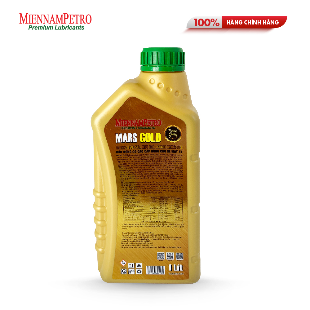 Dầu Nhớt MiennamPetro Mars Gold Motor Oil 4T 20W-50 API SJ JASO MA2 1L Bảo Vệ Động Cơ Xe Máy 4 Thì Cao Cấp