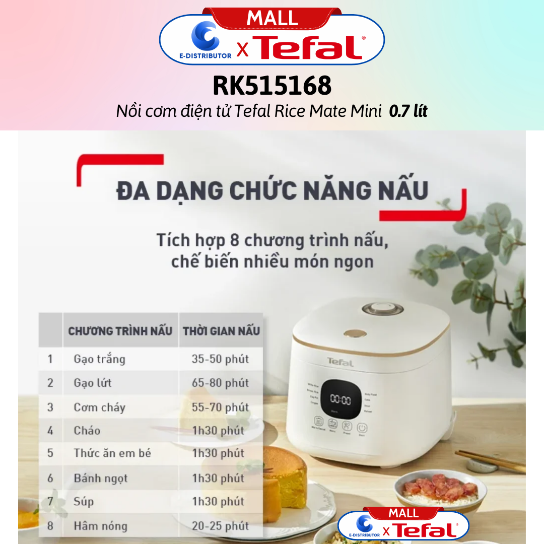 Nồi cơm điện tử Tefal Rice Mate Mini 0.7 lít RK515168 - Hàng Chính Hãng - Bảo Hành 12 Tháng - Dung tích: 0.7 lít Công suất:350W