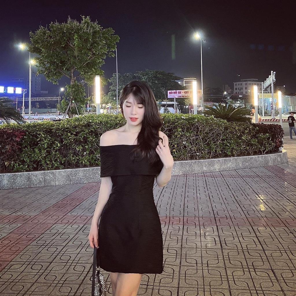 Đầm Trễ Vai Body Sọc Lượn Gân Sóng QC 3 Màu Xanh/Trắng/Đen, Váy Trễ Vai Thiết Kế Dự Tiệc Sang Chảnh