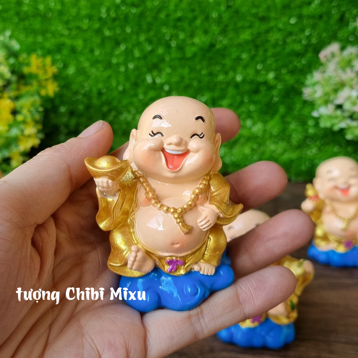 Bộ 05 tượng Di Lặc 7cm nhũ vàng kèm chân đế Tài Lộc Phát