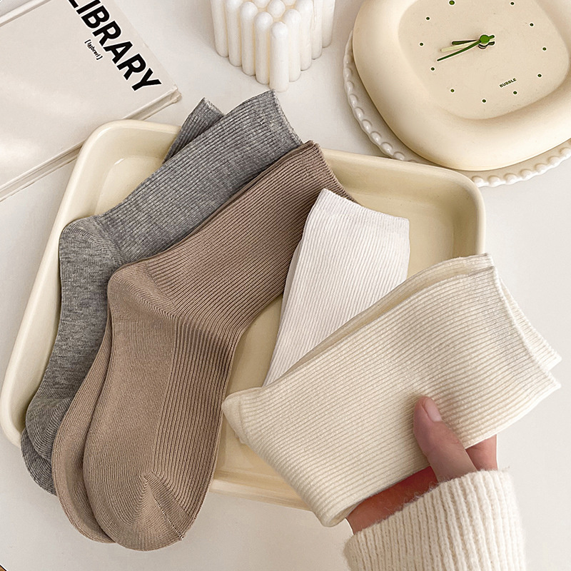 Tất Nữ Cotton Thun Gân Phong Cách Hàn Quốc Chất Mỏng Mịn Thoáng Khí Màu Trắng, Xám, Vớ Mùa Hè PK206