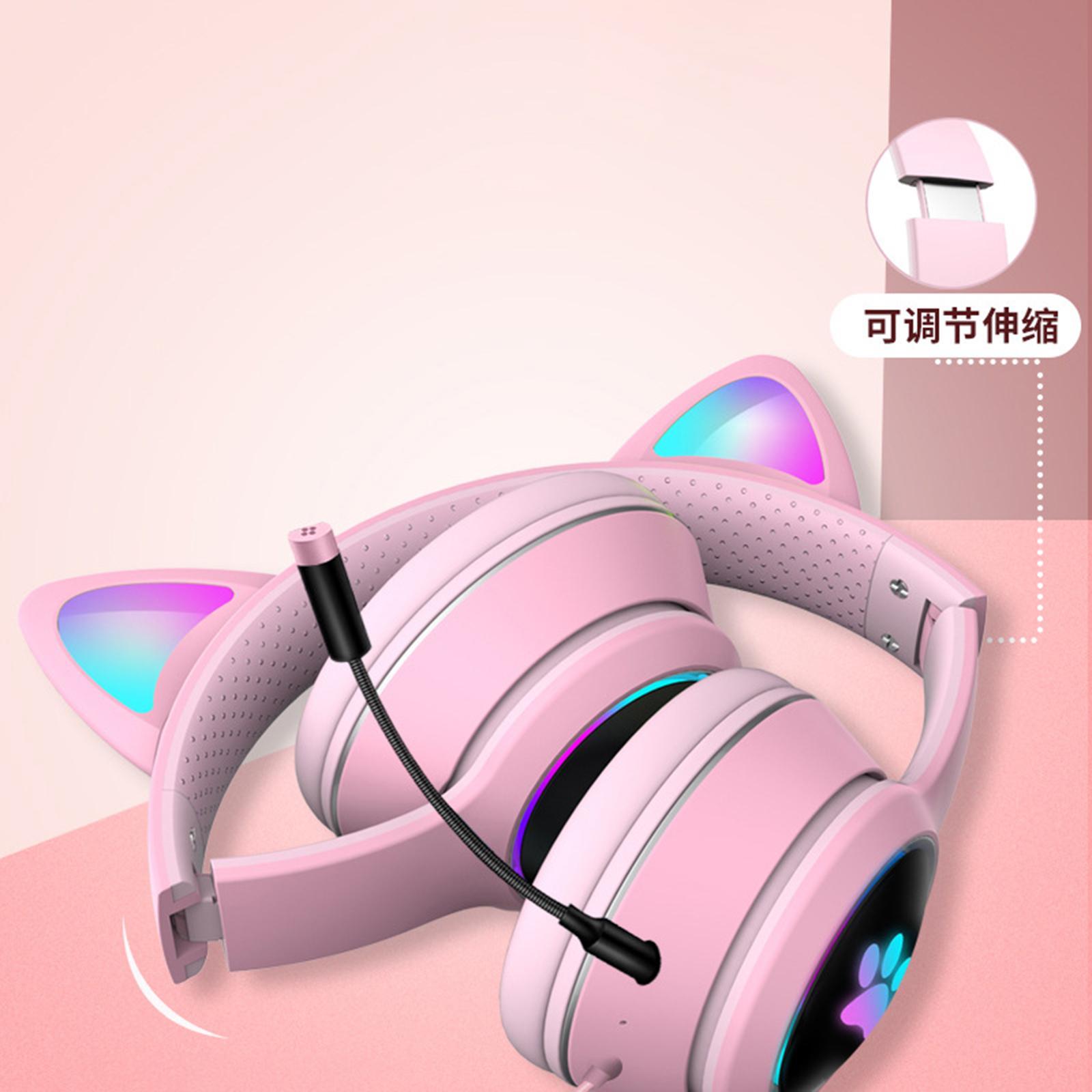 2 Pcs Cat Ear Wired Over-Head Headset RGB Light for PC Noise Reduction