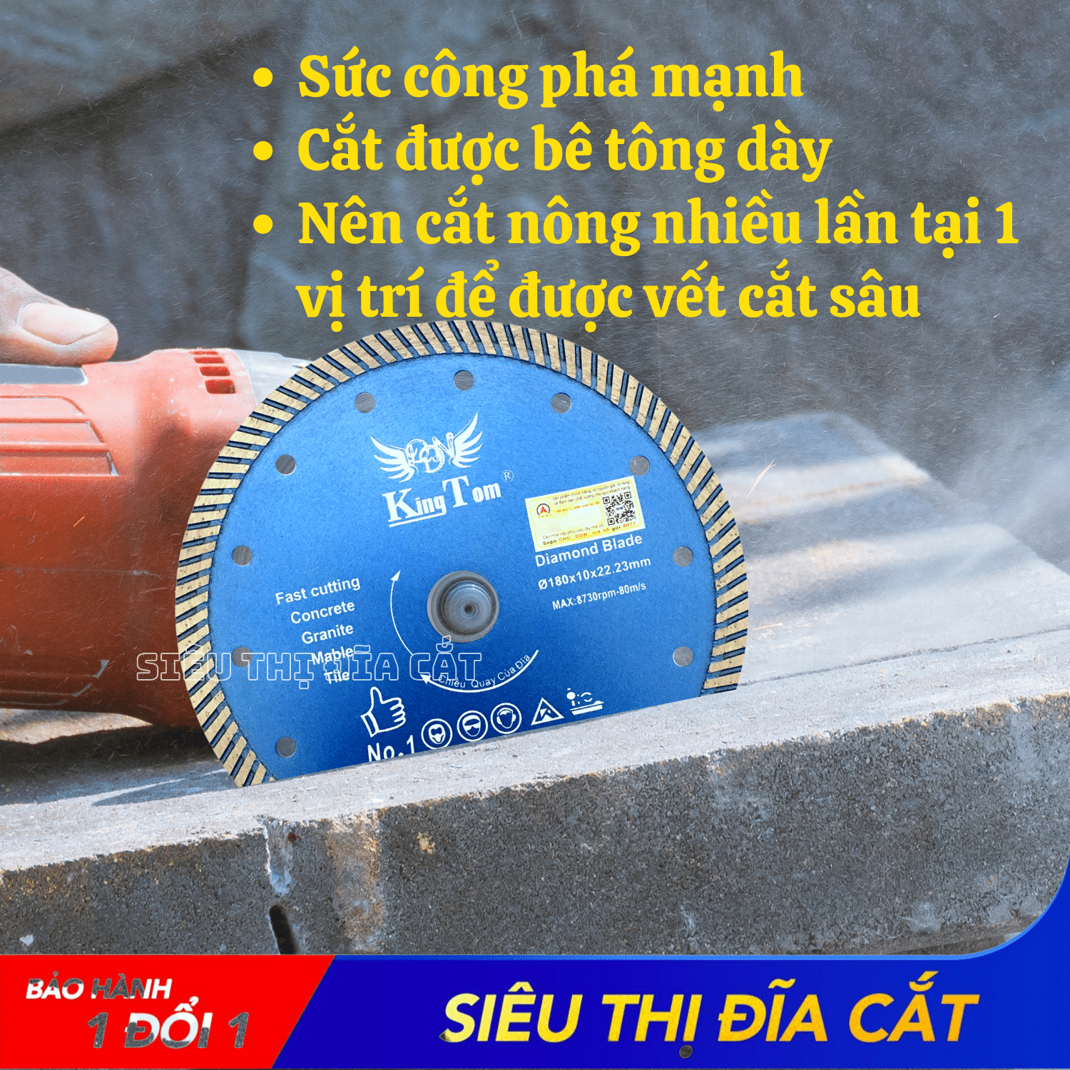 Lưỡi Cắt Gạch Đa Năng 180mm KingTom - Chuyên Cắt Đá Cứng, Đá Hoa Cương, Granite