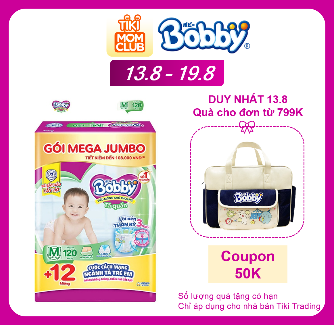 Tã quần Bobby Mega Jumbo M120 - Lõi nén thần kì 3mm - Siêu mỏng khô thoáng bất ngờ - Tặng thêm 12 miếng