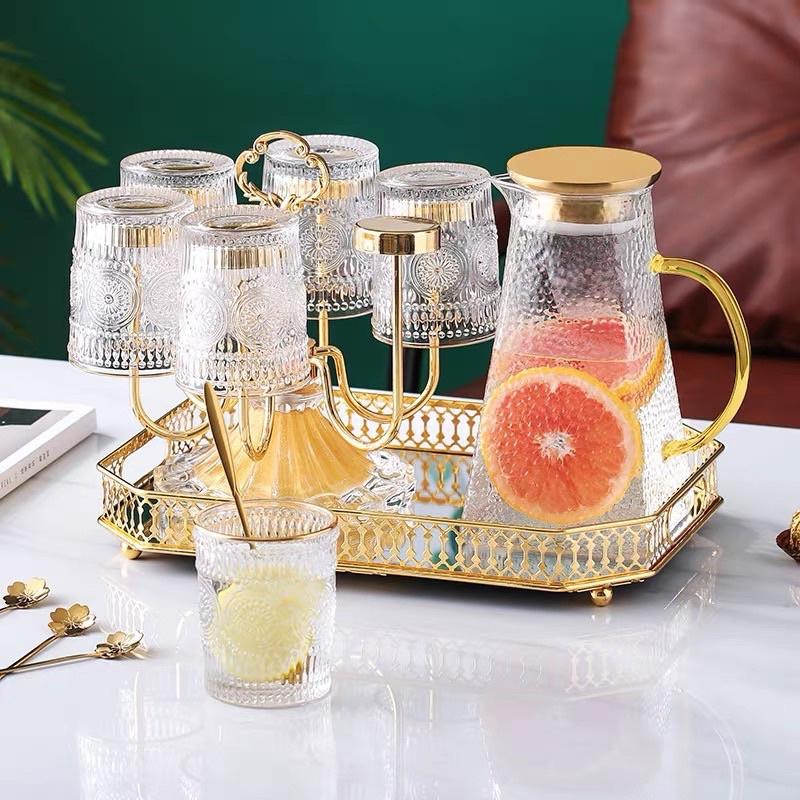 Combo bộ bình 6 cốc thuỷ tinh uống nước kèm giá úp và khay gương sang trọng