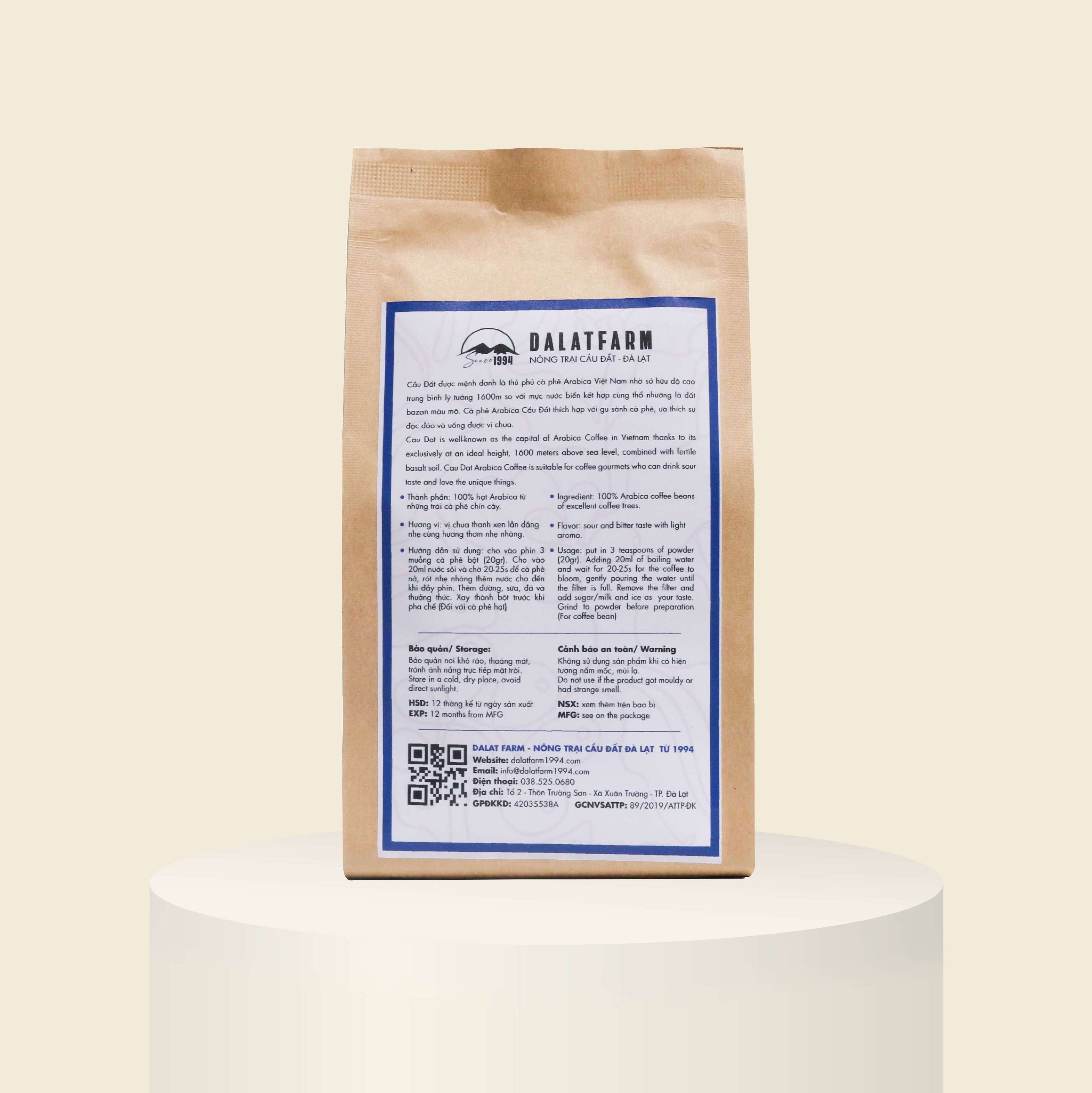 Cà phê Arabica Cầu Đất rang mộc sạch nguyên chất - Túi 250Gr (Dạng Bột)