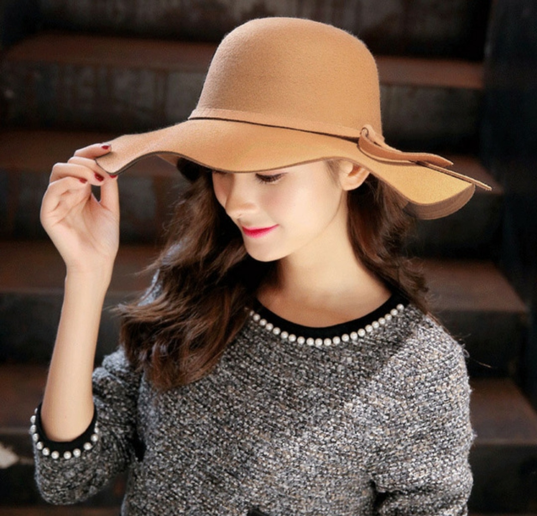 Nón rộng vành nữ mũ chống nắng rộng vành đi biển fedora màu kem thời trang Hàn Quốc dona22030804