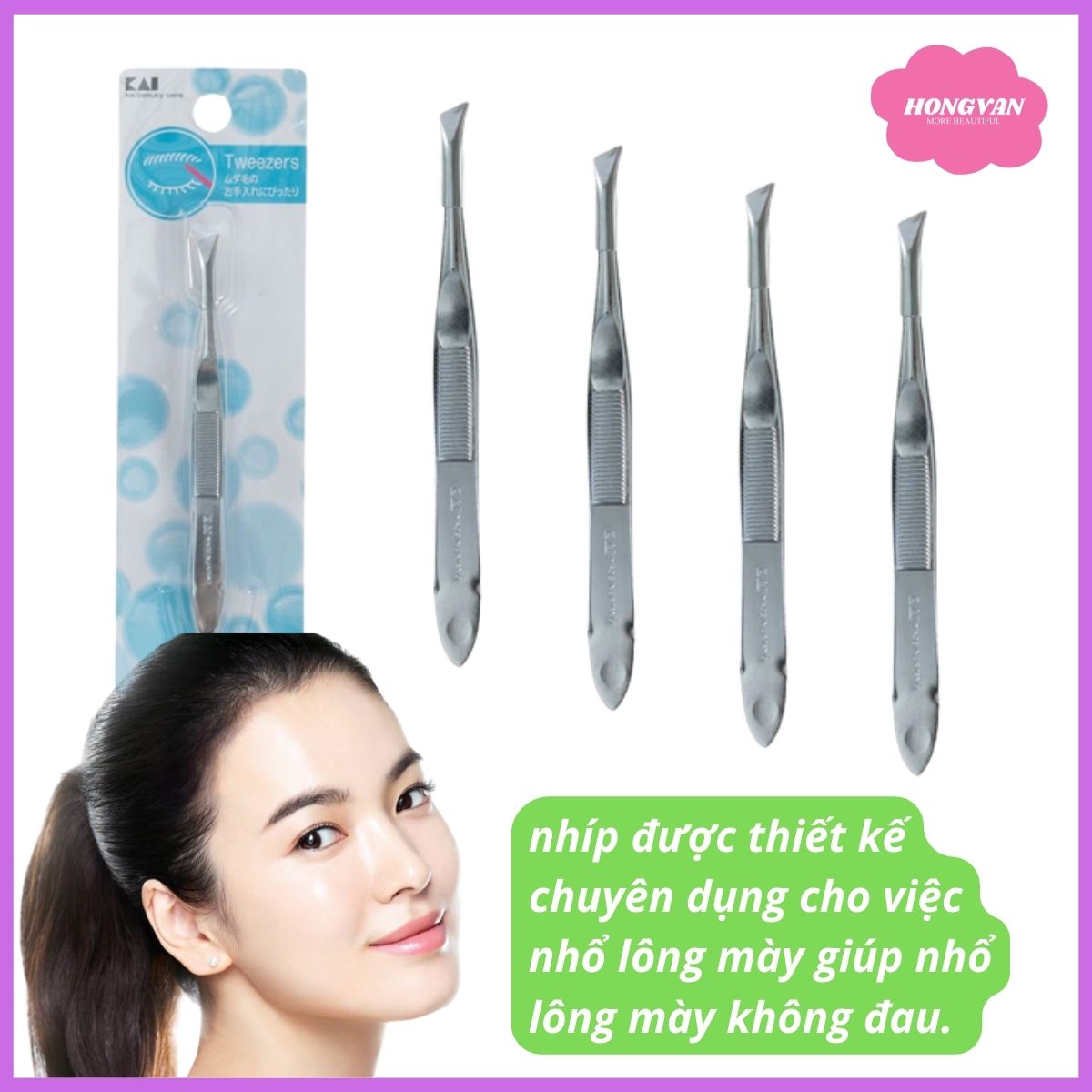 Nhíp nhổ lông mày chuyên dụng KAI Nhật Bản an toàn không đau khi nhổ (1 cái) + tặng 2 zipper 10cm