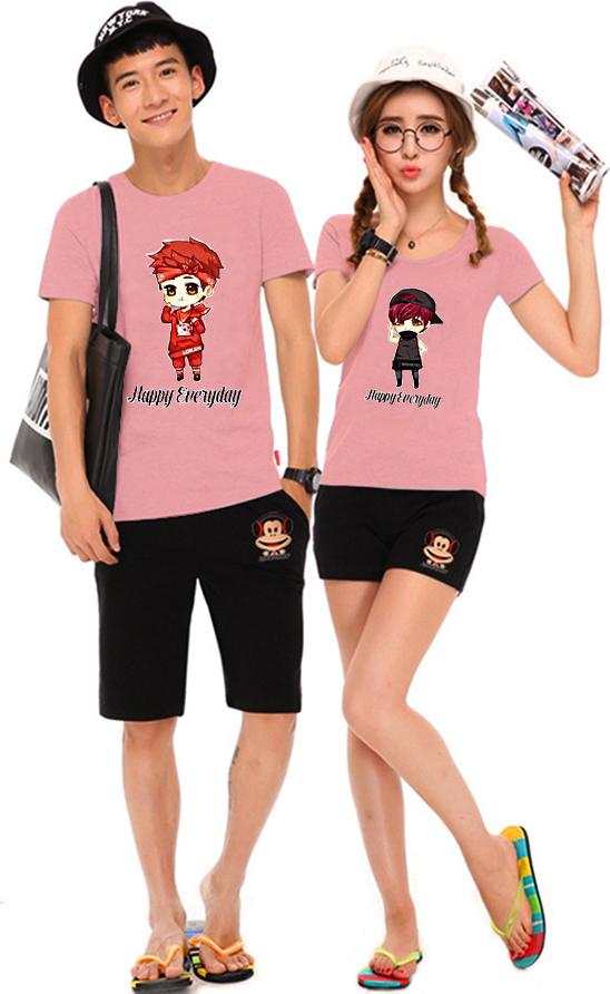 Bộ Áo Thun Đôi Nam Nữ Happy Forever Màu Hồng Ruốc - M - XL