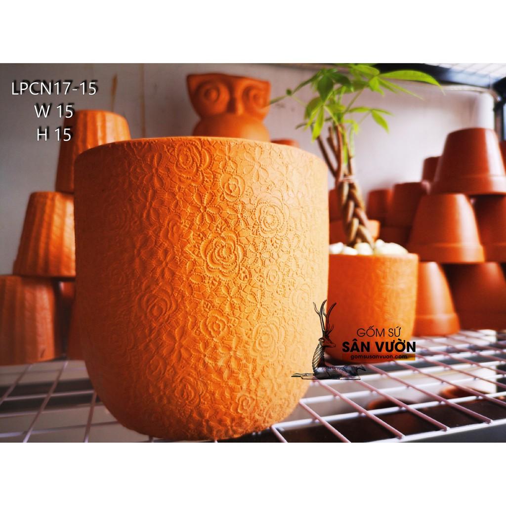 Chậu gốm đất nung kiểu TRỨNG VÂN HOA HỒNG size 15cm LPCN17-15 - Màu gốm đỏ , chậu trồng cây, gốm sứ sân vườn Bìn
