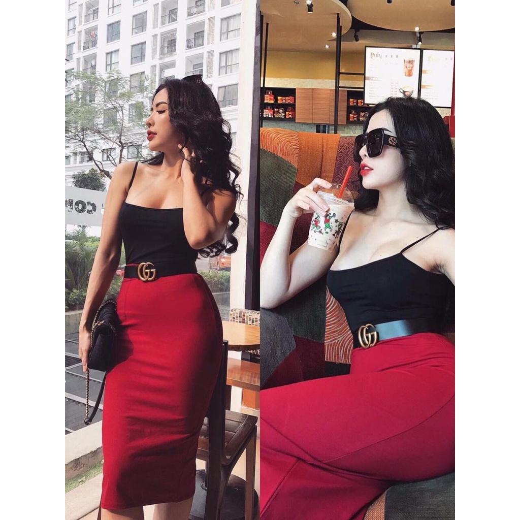 Set Thun Áo + Chân váy dáng dài, Co giãn, Đỏ Đen.