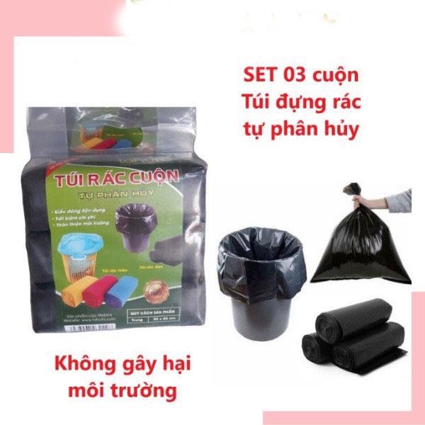 Túi đựng rác phân hủy sinh học, túi nilon đựng rác set 3 cuộn màu đen