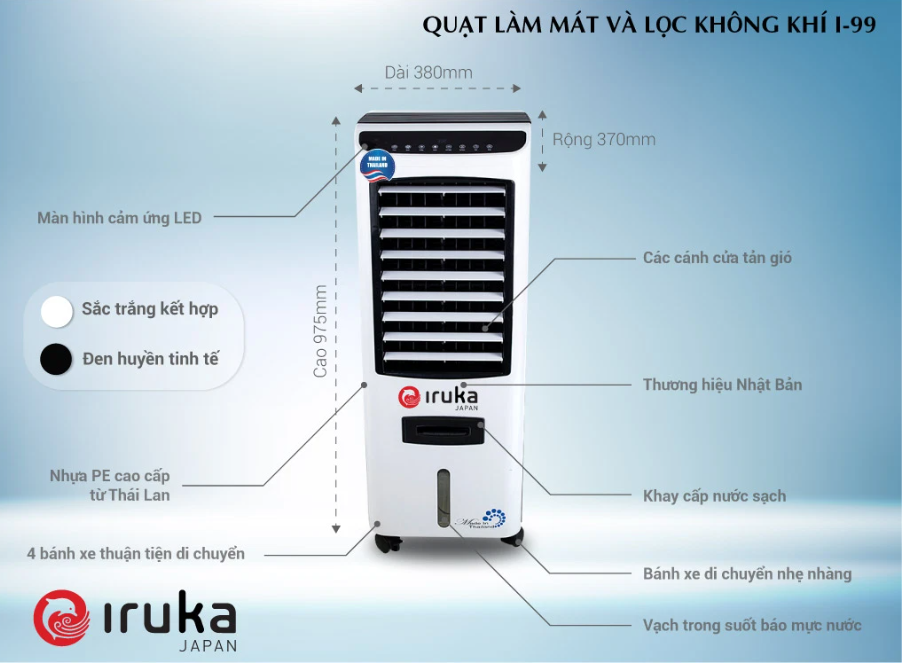 Quạt Điều Hòa, Làm Mát Không Khí  IRUKA I-99 Cảm Ứng 3 Chế Độ Gió, 4 Chế Độ Đảo Chiều Dung Tích 17L Công Suất 200W - Hàng Chính Hãng