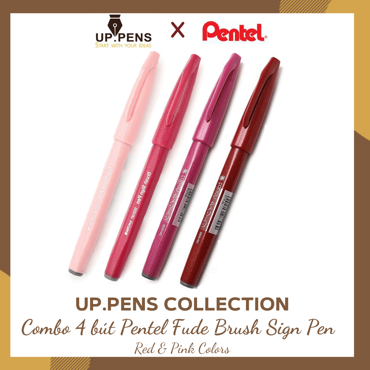 Combo 4 bút lông đầu cọ viết calligraphy Pentel Fude Touch Brush Sign Pen - UP.PENS COLLECTION - Red &amp; Pink Colors