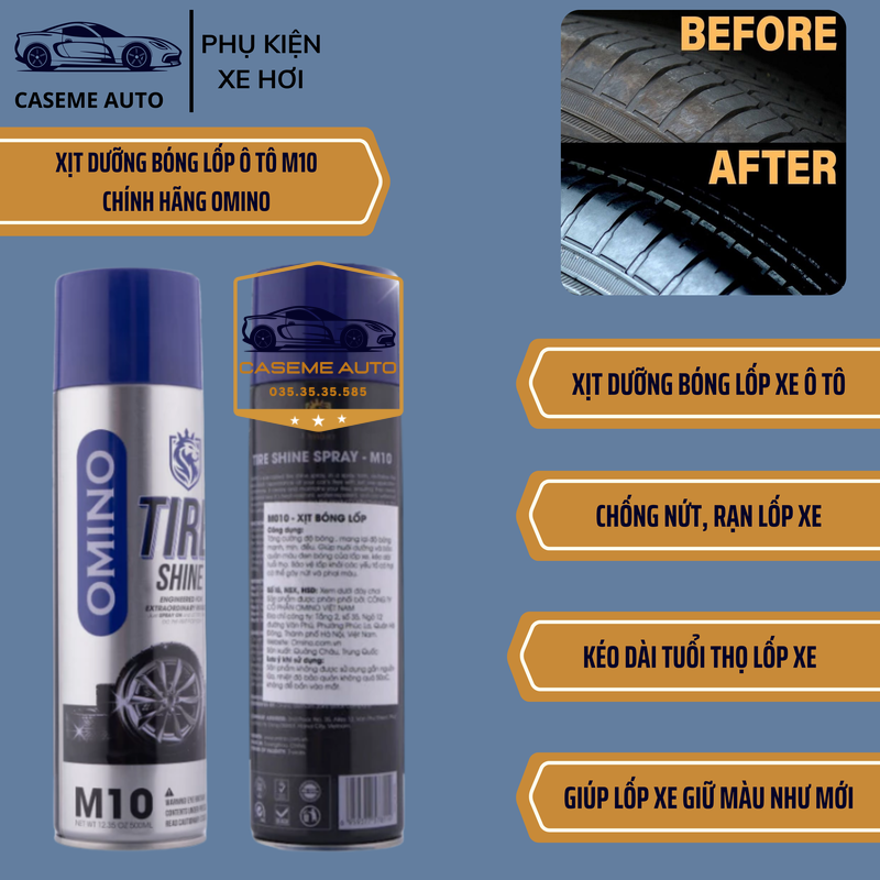 Dung Dịch Dưỡng Bóng Lốp Ô Tô OMINO M10 500ml, Phục Hồi Nhựa Đen, Chống Bạc Màu, Làm Bóng Vỏ Xe – Hàng Chính Hãng