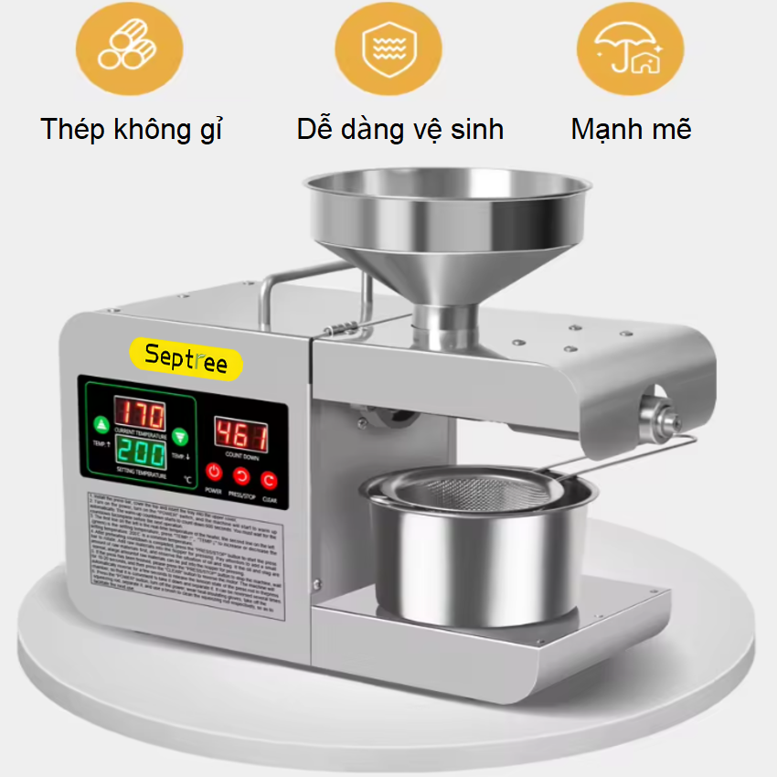 Máy ép dầu thực vật Septree X8S chuyên dụng, dùng trong gia đình Thương hiệu Mỹ cao cấp, Ép 4-6kg/1 giờ, Công suất 600-820W - Hàng Nhập Khẩu, Bảo Hành 1 Năm