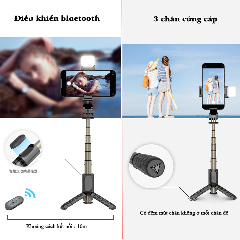 Gậy chụp ảnh tự sướng selfie bluetooth, Tripod 3 chân cho điện thoại có điều khiển từ xa, Có đèn led trợ sáng 6 màu