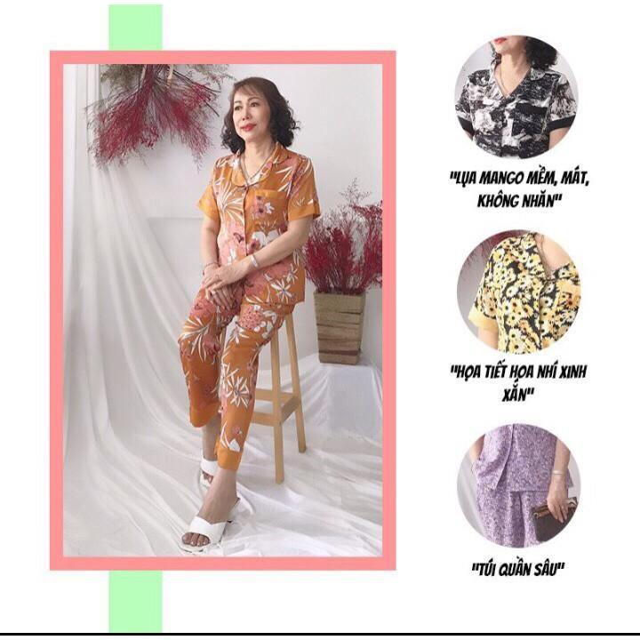 Đồ bộ trung niên NHIHUOSE71 pijama lụa Hàn họa tiết tay ngắn có túi 50-65 kg