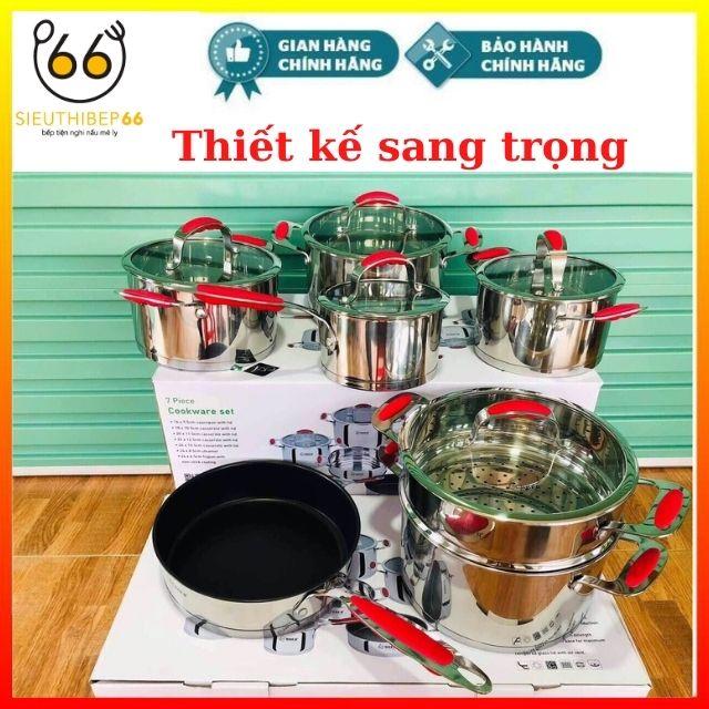 Bộ Nồi Từ Cao Cấp Arber RUBY Đáy Liền 7 Món, Bộ Nồi Inox 304, Chảo Chống Dính Bếp Từ Dùng Bếp Điện Từ