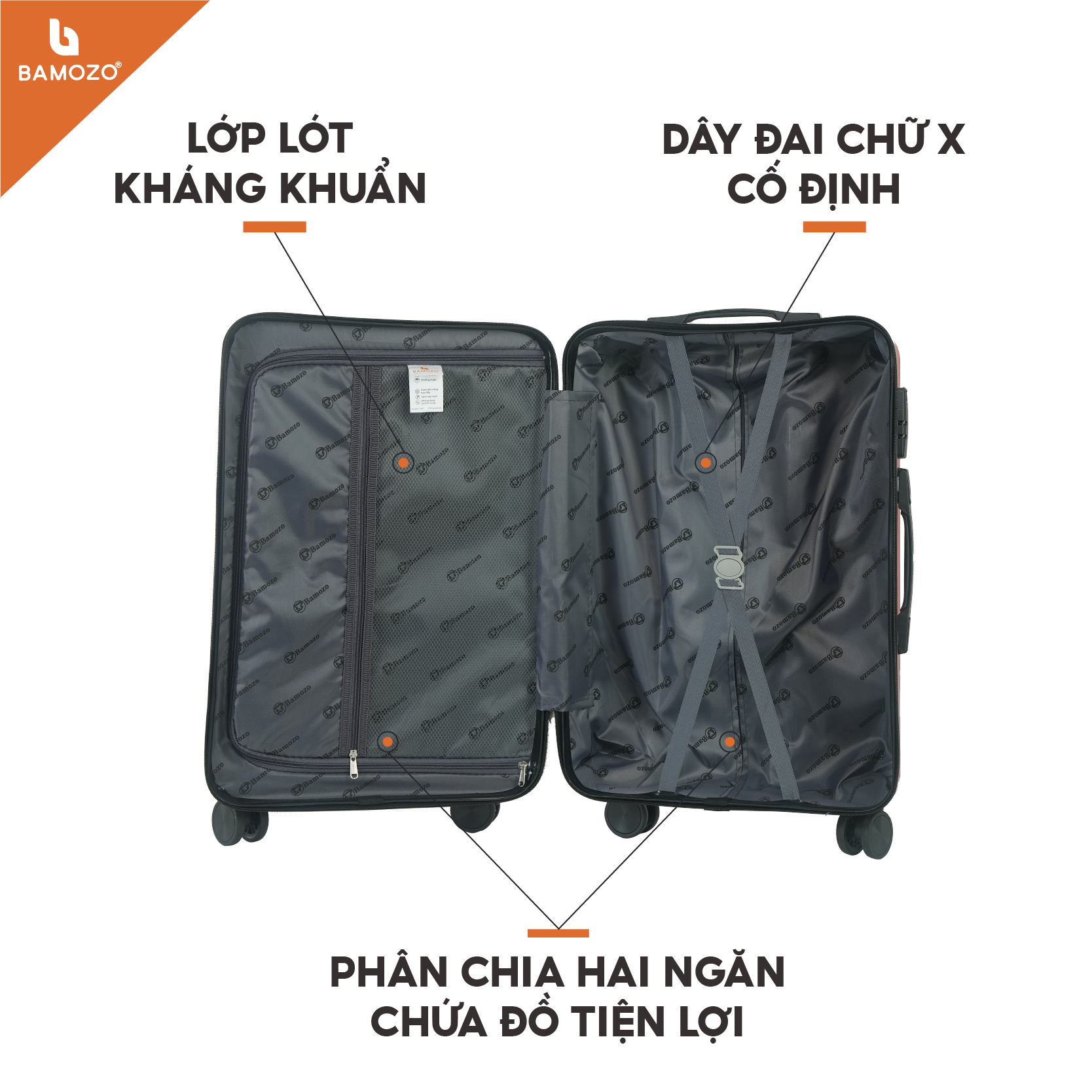 Vali du lịch BAMOZO 8801 MÀU VÀNG HỒNG size 20/24, vali kéo nhựa được bảo hành 5 năm.