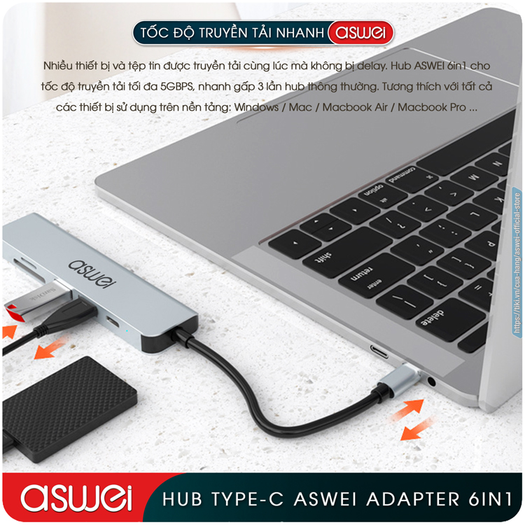 Hub Type C ASWEI 6 in 1 To HDMI, USB 3.0, SD, TF, PD - Hub Chuyển Đổi USB Type C 6 Cổng - Cổng Chia USB, Ổ Chia USB Tốc Độ Cao Dành Cho MacBook, Tivi, Laptop, PC, Máy Tính Bảng, Smartphone – Hàng Chính Hãng