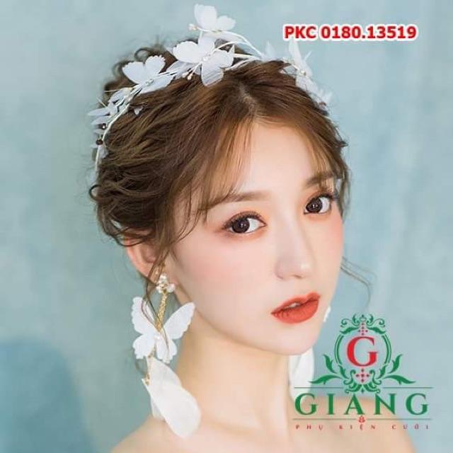 Cài tóc cô dâu kèm bông tai lụa trắng - phụ kiện cưới