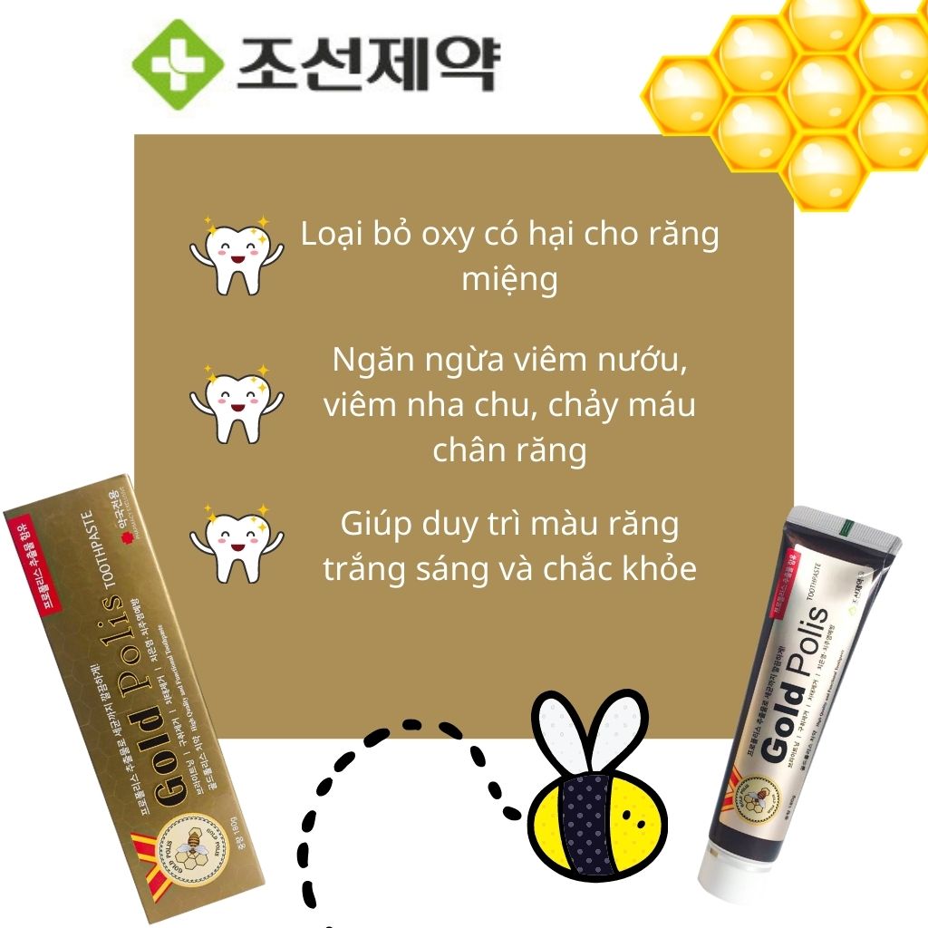 Kem Đánh Răng Hàn Quốc Gold Polis 180g/ tuýp An Toàn Bảo Vệ Ngăn Ngừa Sâu Răng Hôi Miệng Tinh Chất Keo Ong Tinh Dầu Bạc Hà Giúp Răng Sáng Chắc Khoẻ