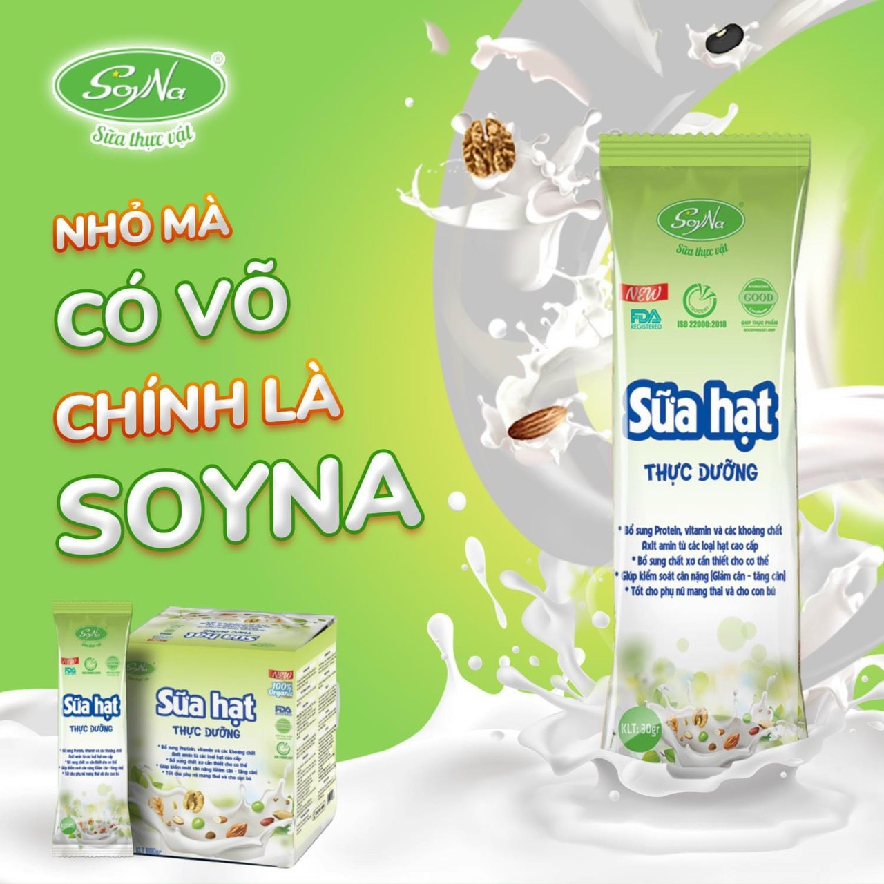 Sữa Hạt Thực Dưỡng SoyNa dạng hộp giấy tiện dụng 16 gói 480gr chính hãng tặng kèm 2 gói sữa chay và 1 ly pha sữa