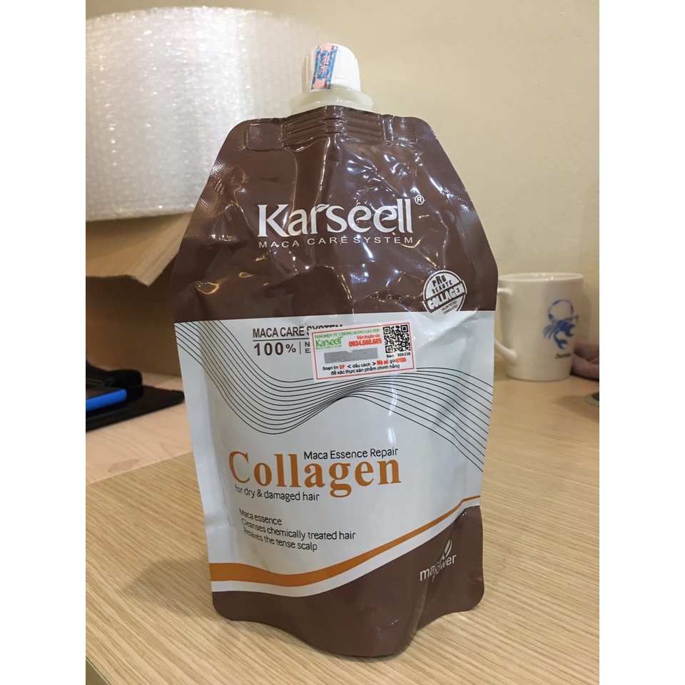 Kem ủ tóc* Collagen* 500ml  giúp phục hồi độ ẩm và có tác dụng bảo vệ cho chân tóc khôi phục lại lớp biểu bì tóc bị hư hỏng; giúp tóc mềm mượt và chắc khỏe.