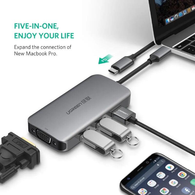 Ugreen UG50210CM136TK Bộ chuyển đổi TYPE C sang 3 USB 3.0 + VGA + hỗ trợ nguồn TYPE C - HÀNG CHÍNH HÃNG