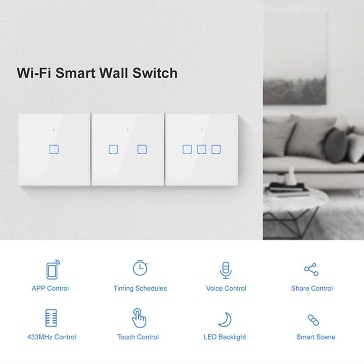 Công tắc wifi cảm ứng âm tường thông minh TX T2EU T3EU 1 2 3 Kênh hình vuông